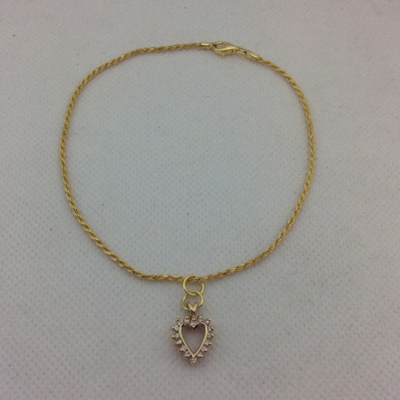 14 K yellow gold diamond heart ankle bracelet 10” - Picture 2 of 7